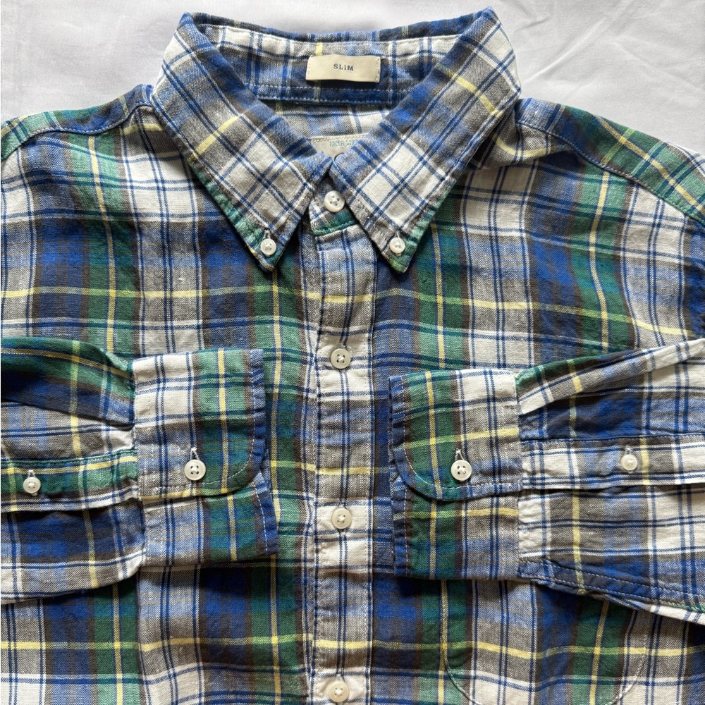 J Crew 100% IRISH LINEN SLIM BAIRD McNUTT Men's Plaid Button Down Shirt (SOLD)